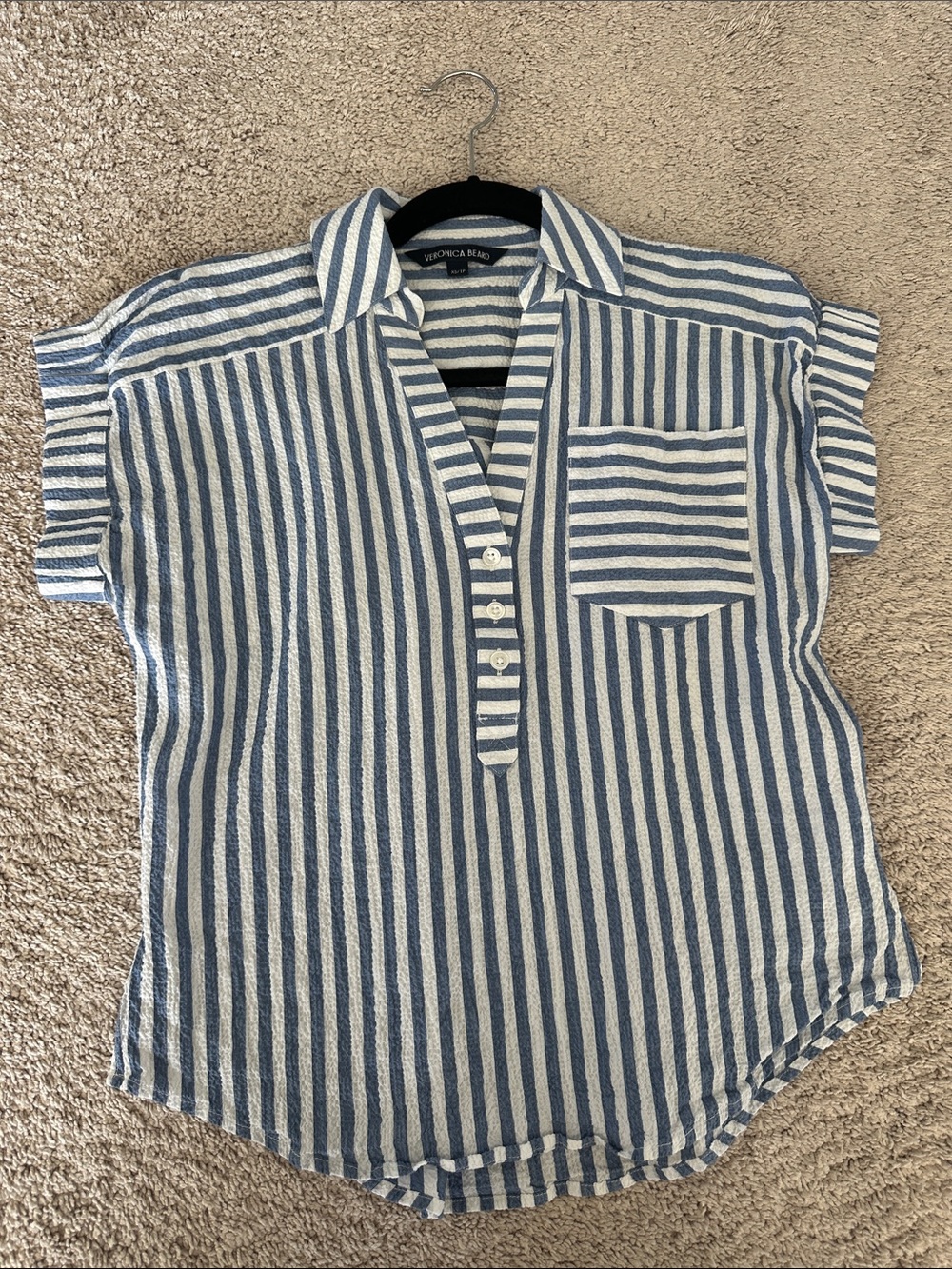 Veronica Beard Blue and White Striped Short-Sleeve Shirt, XS